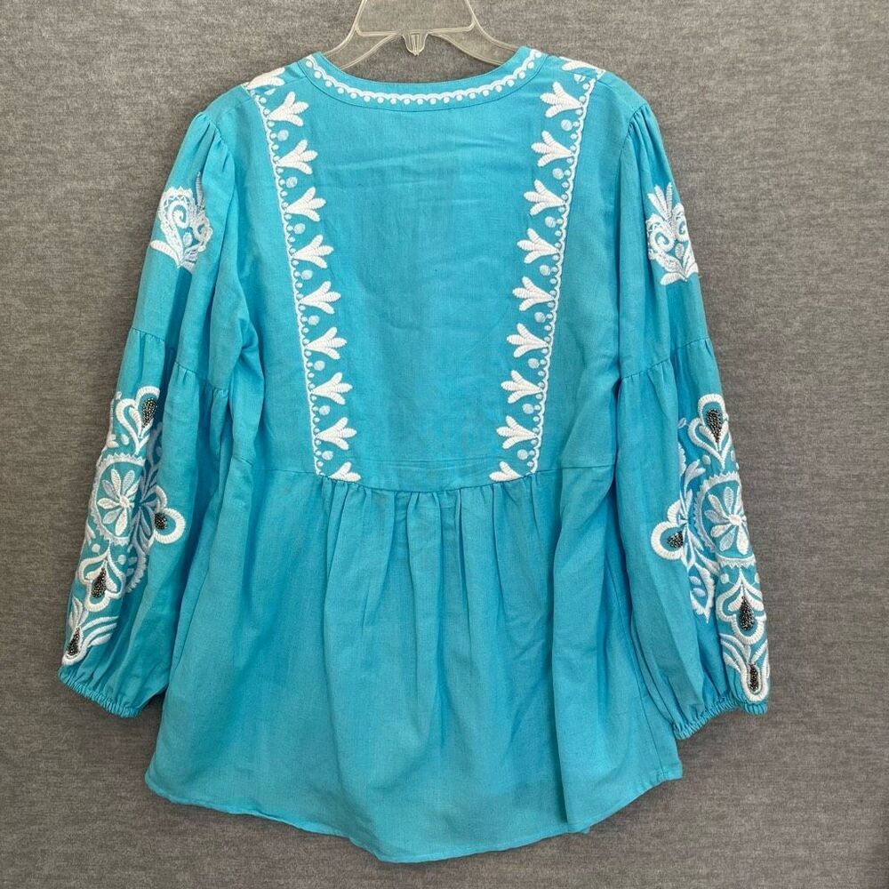 Soft Surroundings Boho Peasant Tunic Top Womens Medium Embroidered Beaded Blue - Picture 5 of 11